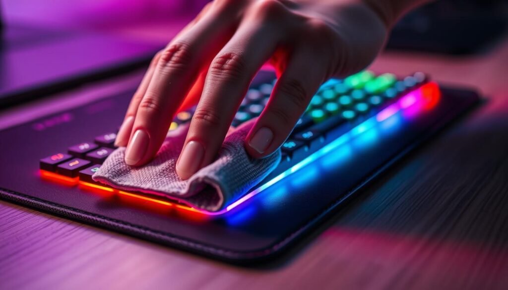 A close-up shot of a person's hands gently cleaning a RGB-lit computer mouse pad with a soft microfiber cloth. The pad's vibrant, multicolored LED lights are illuminated, casting a warm, ambient glow. The fingers methodically wipe away any dust or debris, restoring the pad's pristine surface. Soft, diffused lighting from an overhead source casts subtle shadows, emphasizing the textures and details. The scene conveys a sense of care and attention to maintaining the equipment for optimal performance and aesthetics. A close-up shot of a person's hands gently cleaning a RGB-lit computer mouse pad with a soft microfiber cloth. The pad's vibrant, multicolored LED lights are illuminated, casting a warm, ambient glow. The fingers methodically wipe away any dust or debris, restoring the pad's pristine surface. Soft, diffused lighting from an overhead source casts subtle shadows, emphasizing the textures and details. The scene conveys a sense of care and attention to maintaining the equipment for optimal performance and aesthetics.