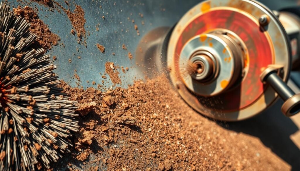 A close-up view of a metal surface undergoing abrasive rust removal. In the foreground, a gritty, textured steel brush vigorously scrubs away flaking rust, exposing the underlying shiny metal. The mid-ground shows coarse grit sandpaper smoothing out stubborn rust spots, creating a slightly reflective, mottled surface. In the background, a powerful angle grinder with a flap disc attachment rotates, aggressively grinding down heavily corroded areas. Bright, directional lighting casts dramatic shadows, emphasizing the abrasive action. The overall mood is one of focused, hands-on metal restoration, with a sense of industrious determination.