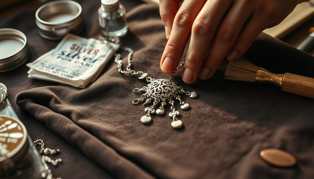 A close-up view of a person's hands carefully polishing a heavily tarnished sterling silver necklace. The jewelry is laid out on a soft, dark cloth, surrounded by various silver cleaning supplies such as polishing cloths, silver polish, and a soft-bristled brush. The lighting is warm and diffused, creating subtle highlights and shadows that accentuate the intricate details of the tarnished silver. The scene conveys a sense of focused attention and care as the person works to restore the luster and shine to the precious piece of jewelry.