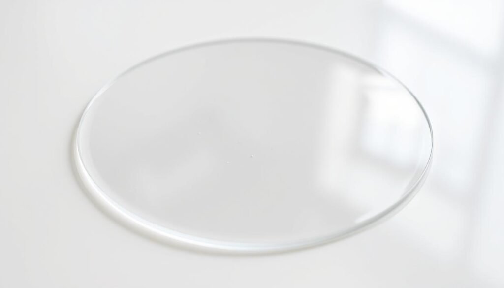 A close-up view of a transparent, gelatinous mouse pad resting on a clean, white surface. The pad's glossy surface reflects the surrounding environment, creating a mirror-like effect. Soft, diffused lighting illuminates the pad, highlighting its translucent nature and the intricate details of the gel material. The pad appears clean and pristine, with no visible dirt or dust. The composition emphasizes the simplicity and functionality of the cleaning gel mouse pad, inviting the viewer to imagine its practical application in maintaining a tidy and efficient workspace.