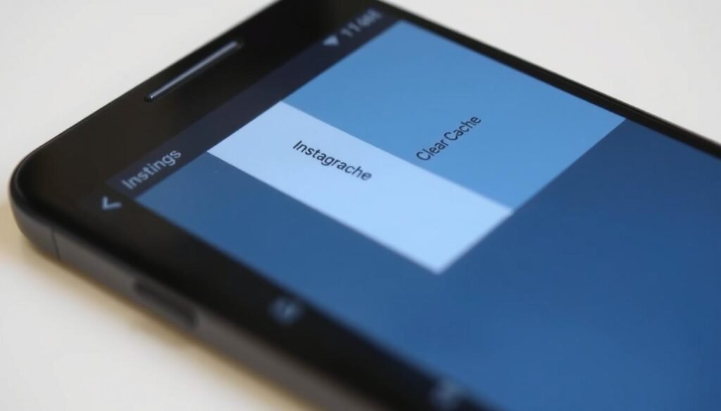 A close-up view of an Android smartphone screen displaying the Instagram app's settings menu, with the "Clear Cache" option prominently featured. The display is sharp and crisp, with a clean, minimalist aesthetic. The background is out of focus, with a soft, neutral tone that allows the screen to be the central focus. The lighting is natural and diffused, creating a soft, even illumination that enhances the clarity of the display. The camera angle is slightly elevated, giving a slight bird's-eye view of the screen, making the "Clear Cache" option easy to identify and understand.