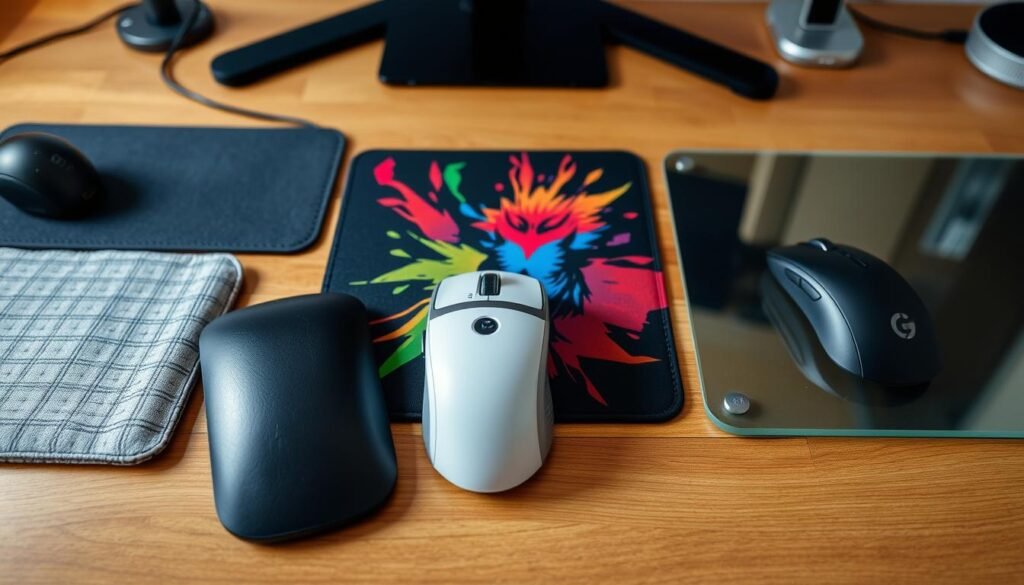A collection of diverse mouse pads neatly arranged on a wooden surface, showcasing various materials, textures, and designs. In the foreground, a classic fabric mouse pad with a subtle checkered pattern rests alongside a sleek, minimalist leather pad. In the middle ground, a vibrant, colorful gaming mouse pad with a bold graphic print commands attention. In the background, a transparent, tempered glass pad reflects the surrounding environment, creating an elegant and modern display. The scene is illuminated by soft, natural lighting, emphasizing the unique qualities and practical applications of each mouse pad type.