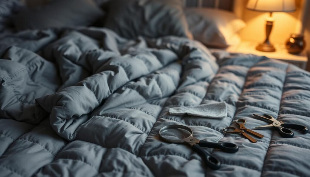 A cozy bedroom at dusk, a weighted blanket in soft gray hues lies rumpled on the bed, its intricate stitching and quilted texture visible. Beside it, a magnifying glass, a swatch of fabric, and a set of tools - pliers, scissors, and a needle and thread - suggest the process of troubleshooting and mending the blanket. Soft, warm lighting from a bedside lamp casts a gentle glow, creating a calming, contemplative atmosphere as the viewer examines the blanket's potential issues.
