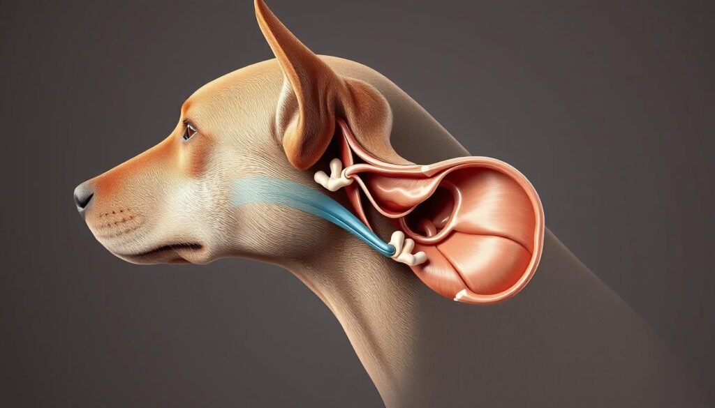 A detailed, anatomical diagram of a dog's ear, captured with clinical precision. In the foreground, a meticulously rendered cross-section showcases the intricate structure of the external, middle, and inner ear, including the pinna, auditory canal, tympanic membrane, and ossicles. The middle ground features a side profile view, highlighting the subtle curves and contours of the ear. The background provides a subtle, neutral backdrop, allowing the technical details to take center stage. Soft, even lighting from multiple angles emphasizes the three-dimensional form and textural qualities of the ear's anatomy. Rendered with a high-resolution, photorealistic style that conveys a sense of educational purpose and scientific accuracy.