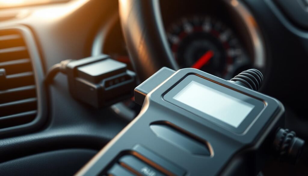 A detailed, high-resolution image of an OBD-II scanner connected to a car dashboard. The scanner is plugged into the diagnostic port, revealing the intricate inner workings of the connection. Soft, warm lighting illuminates the scene, casting subtle shadows that highlight the textures and materials. The composition places the scanner and port in the foreground, with the dashboard and steering wheel visible in the middle ground, creating a sense of depth and context. The overall mood is one of technical precision and problem-solving, reflecting the process of diagnosing a check engine light.