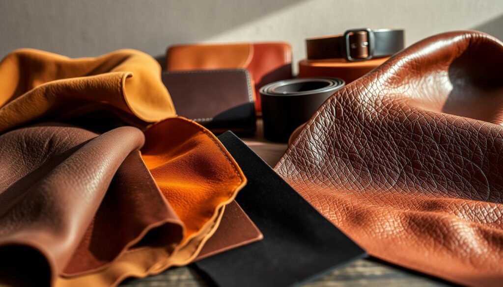 A detailed still life composition showcasing various types of leather materials. In the foreground, an array of leather swatches in different textures and colors, such as supple full-grain, rugged suede, and glossy patent. The middle ground features leather accessories like a wallet, a belt, and a small leather box, illuminated by soft, natural lighting from the side. In the background, a neutral backdrop accentuates the rich tones and patterns of the leather, creating a visually striking and informative display. The image conveys the diverse characteristics and versatility of leather, reflecting the "Identifying Different Types of Leather" section of the article. A detailed still life composition showcasing various types of leather materials. In the foreground, an array of leather swatches in different textures and colors, such as supple full-grain, rugged suede, and glossy patent. The middle ground features leather accessories like a wallet, a belt, and a small leather box, illuminated by soft, natural lighting from the side. In the background, a neutral backdrop accentuates the rich tones and patterns of the leather, creating a visually striking and informative display. The image conveys the diverse characteristics and versatility of leather, reflecting the "Identifying Different Types of Leather" section of the article.