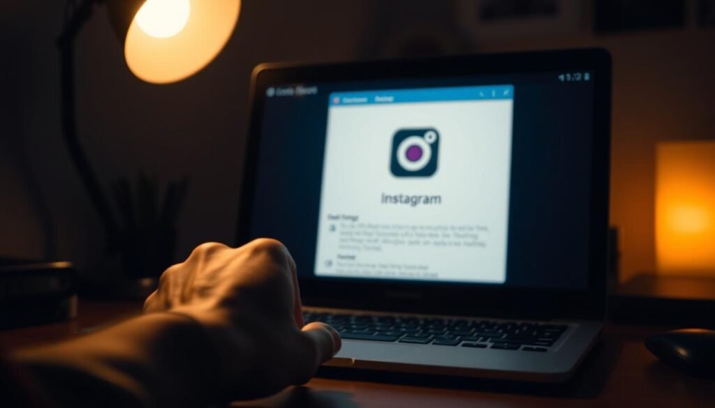A dimly lit office desk, with a laptop screen prominently displaying the "Instagram" logo. In the foreground, a hand hovers over the laptop, fingers poised to navigate the device's settings. The background is slightly blurred, suggesting a sense of focus and concentration on the task at hand. Soft, warm lighting casts a subtle glow, creating an atmosphere of thoughtful problem-solving. The scene conveys the act of clearing cache and data, a necessary step to optimize the Instagram experience, as indicated by the overall composition and mood.