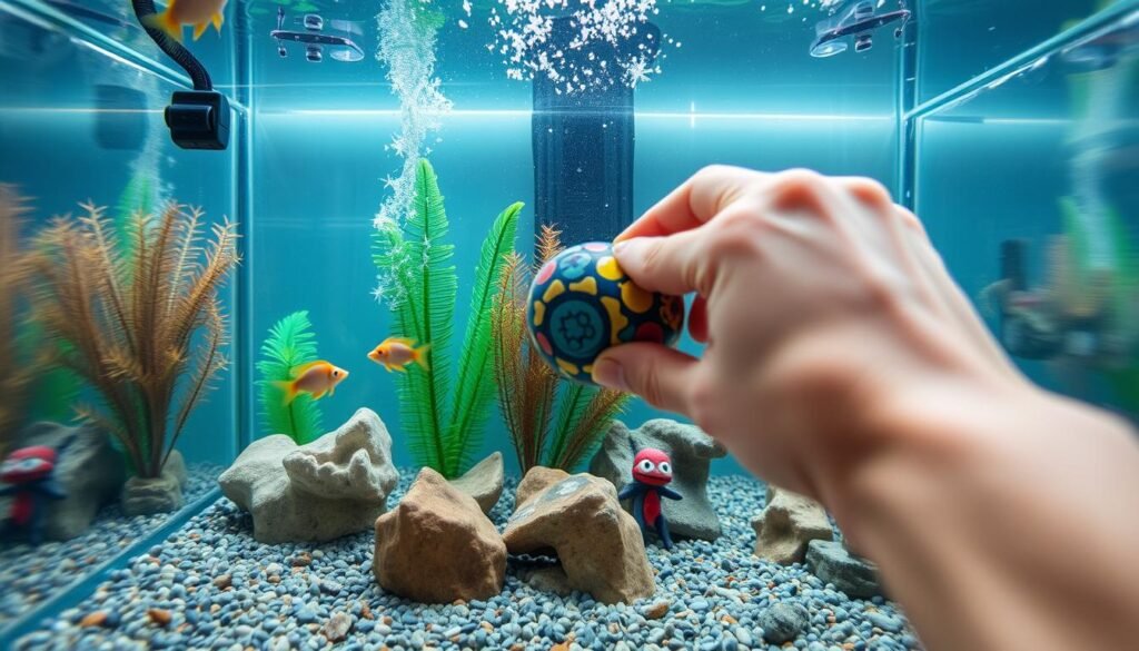 A glass fish tank filled with underwater decorations, gravel substrate, and a vibrant aquarium plant life. In the foreground, a human hand carefully removes a colorful ceramic ornament, showcasing the cleaning process. Soft, natural lighting filters through the water, creating a serene, underwater atmosphere. The image emphasizes the importance of properly maintaining the tank's decor and substrate to ensure the health and well-being of the aquatic inhabitants. Shot from an angled, eye-level perspective to provide a detailed, immersive view of the tank-cleaning task.