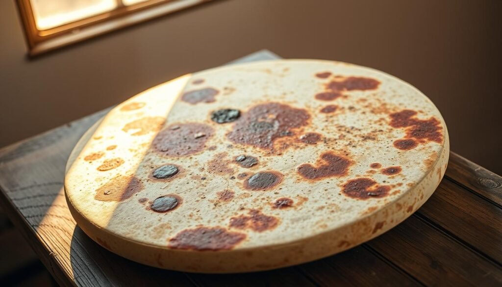 A heavily soiled pizza stone sits on a rustic wooden surface, its surface marred by stubborn, baked-on stains and residue. The stone is illuminated by warm, natural lighting from an overhead window, casting a soft, golden glow that accentuates the irregular texture and discoloration of the stone's surface. The foreground is in sharp focus, while the background fades into a blurred, neutral tone, drawing the viewer's attention to the imperfections of the stone. The overall mood is one of practical, kitchen-worn authenticity, highlighting the challenges faced in maintaining a well-used pizza stone.