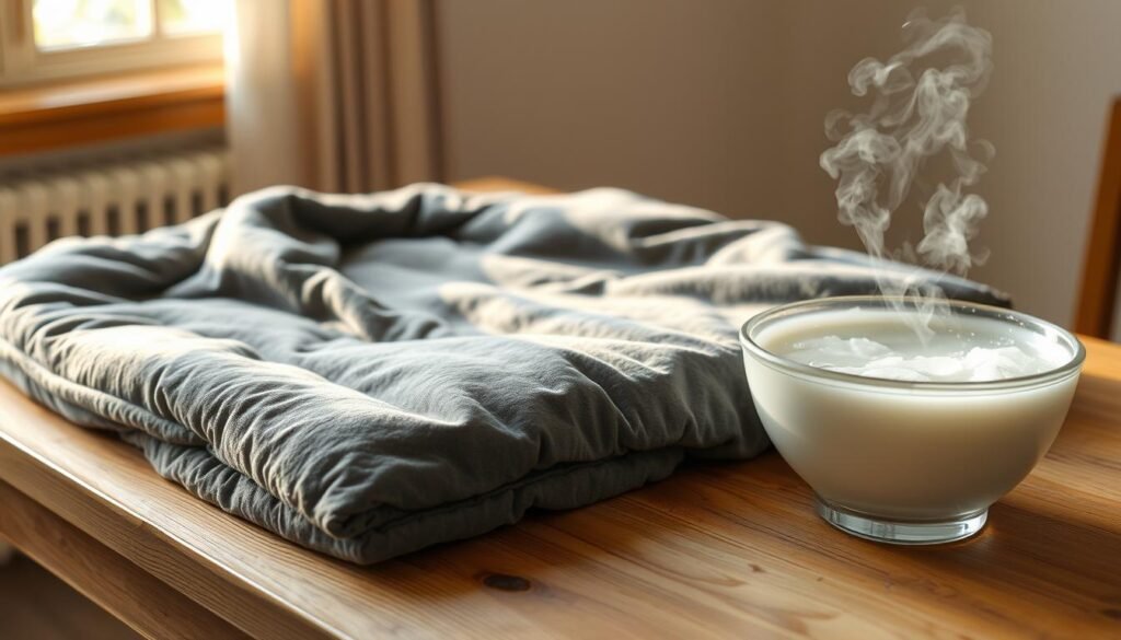 A heavy, plush weighted blanket rests on a wooden table, its soft, charcoal-gray fabric gently illuminated by warm, natural lighting filtering through a window. The blanket's substantial weight is evident, as it appears to sink slightly into the table's surface. Delicate steam rises from a nearby bowl of soapy water, hinting at the care and attention required to properly clean this specialized, therapeutic item. The scene conveys a sense of tranquility and the importance of handling such a blanket with gentleness and patience.