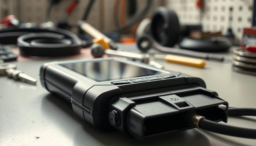 A high-quality OBD-II scanner lying on a clean, well-lit workbench. The scanner has a sleek, modern design with a large digital display and various ports and buttons. The foreground showcases the scanner's features in crisp detail, while the middle ground features various car parts and tools, hinting at its diagnostic capabilities. The background is softly blurred, creating a sense of focus on the scanner itself. The lighting is natural and diffused, creating subtle shadows and highlights that accentuate the scanner's form and materials, which include metal, plastic, and rubber components. The overall mood is one of precision, functionality, and the tools necessary for diagnosing automotive issues.
