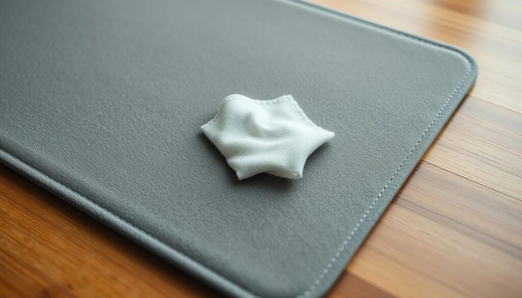 A high-quality close-up shot of a clean, grey cloth mousepad lying on a wooden table. The surface is smooth and fluffy, with a subtle texture that catches the warm, diffused lighting from the side. The edges are neatly trimmed, and the material appears soft and durable. In the center, a small, white microfiber cleaning cloth is carefully placed, folded neatly and ready to be used for a quick wipe-down of the pad's surface. The overall scene conveys a sense of simplicity, cleanliness, and the tools needed to maintain a well-cared-for cloth mousepad. A high-quality close-up shot of a clean, grey cloth mousepad lying on a wooden table. The surface is smooth and fluffy, with a subtle texture that catches the warm, diffused lighting from the side. The edges are neatly trimmed, and the material appears soft and durable. In the center, a small, white microfiber cleaning cloth is carefully placed, folded neatly and ready to be used for a quick wipe-down of the pad's surface. The overall scene conveys a sense of simplicity, cleanliness, and the tools needed to maintain a well-cared-for cloth mousepad.