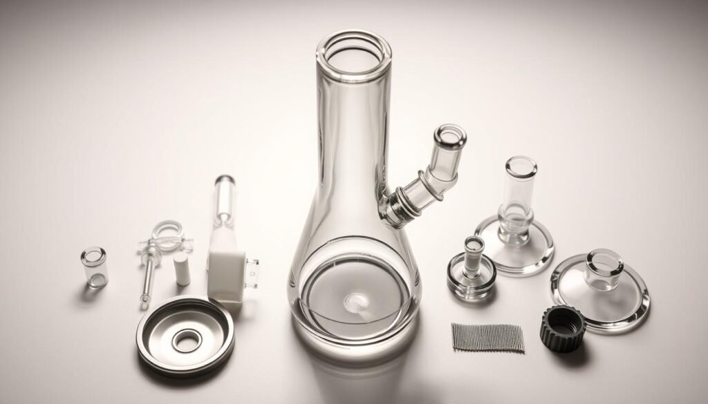 A high-resolution, detailed image of a bong disassembled into its individual components, including the glass body, stem, bowl, and other detachable parts, arranged neatly on a clean, well-lit surface. The lighting should be soft and diffused, creating subtle shadows and highlights that accentuate the form and textures of the glass. The composition should be balanced and visually appealing, with each component positioned in a way that allows for easy identification and understanding of the step-by-step disassembly process. The overall mood should convey a sense of clarity, focus, and attention to detail, reflecting the "Step-by-Step Preparation" section of the article.