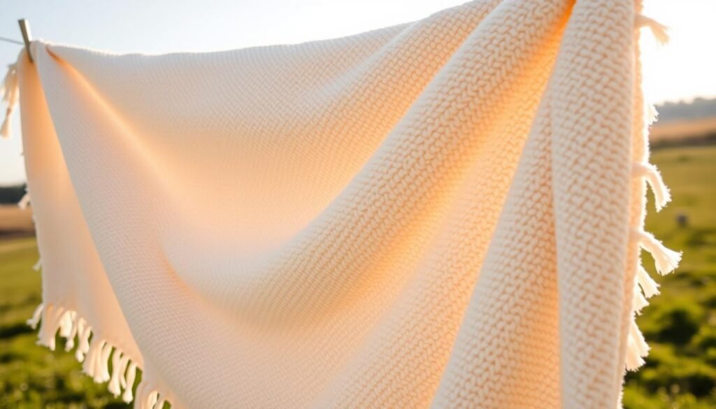 A large, fluffy weighted blanket gently draped over a clothesline, partially unfurled, with sunlight casting a warm glow across its soft, textured surface. The blanket's tassels sway slightly in a gentle breeze, as it slowly dries in an airy, well-lit outdoor setting. The background features a serene, natural landscape, perhaps a grassy field or a garden, adding to the calming atmosphere. The camera angle is slightly elevated, capturing the blanket's full expanse and the care taken in its proper drying process.