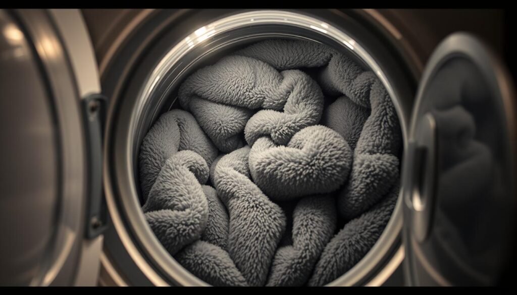 A large, fluffy weighted blanket gently swirls in a front-loading washing machine, its dark gray fabric contrasting against the bright white interior. The machine's steel door is slightly ajar, revealing the rhythmic spinning motion as the blanket is meticulously cleaned. Warm, diffused lighting from above casts a soft glow, creating a serene and calming atmosphere. The camera angle is slightly elevated, giving a bird's-eye view of the machine's operation, emphasizing the care and attention required to properly wash this specialized bedding item.