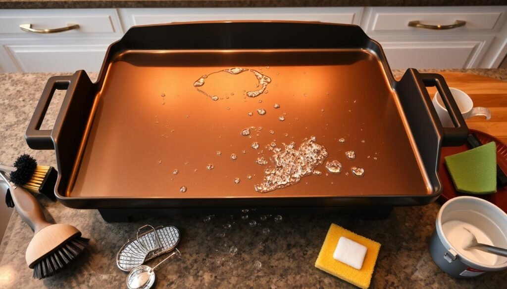 A large, professional-grade Blackstone griddle stands gleaming on a sturdy kitchen counter. The griddle's surface is spotless, with a sheen that reflects the warm, golden lighting from overhead. Beads of water bead up on the pristine surface, indicating a thorough deep cleaning. Scattered around the griddle are an array of cleaning tools - stiff-bristled brushes, scrub pads, and a small bucket of soapy water. The scene conveys a sense of focused attention and diligence, with the griddle taking center stage as the subject of this meticulous cleaning process. A large, professional-grade Blackstone griddle stands gleaming on a sturdy kitchen counter. The griddle's surface is spotless, with a sheen that reflects the warm, golden lighting from overhead. Beads of water bead up on the pristine surface, indicating a thorough deep cleaning. Scattered around the griddle are an array of cleaning tools - stiff-bristled brushes, scrub pads, and a small bucket of soapy water. The scene conveys a sense of focused attention and diligence, with the griddle taking center stage as the subject of this meticulous cleaning process.
