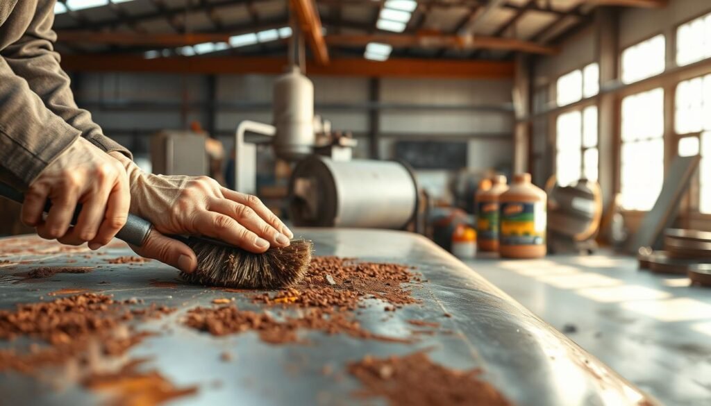 A metal surface undergoing a thorough rust removal process. In the foreground, a worker's hands carefully scrubbing the surface with a wire brush, removing flaky rust. The middle ground showcases various rust removal tools, including a sandblaster and chemical rust remover solutions. In the background, a well-lit industrial workshop setting, with ample natural light filtering in through large windows, casting a warm glow on the scene. The overall mood is one of focused, methodical work, with a sense of care and attention to detail in the rust removal process.