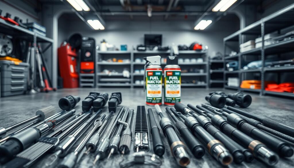 A meticulously arranged set of automotive tools for cleaning fuel injectors. In the foreground, a collection of brushes, picks, and specialized cleaning tools made of high-quality stainless steel, with ergonomic handles for precise manipulation. In the middle ground, a set of spray cans containing fuel injector cleaning solutions, their labels prominently displayed. The background features a sleek, modern garage setting with a concrete floor, metal shelving, and recessed lighting creating a crisp, professional atmosphere. The overall scene conveys a sense of expertise and attention to detail, perfectly suited for illustrating the "Tools and Supplies Needed for Cleaning" section of the article.
