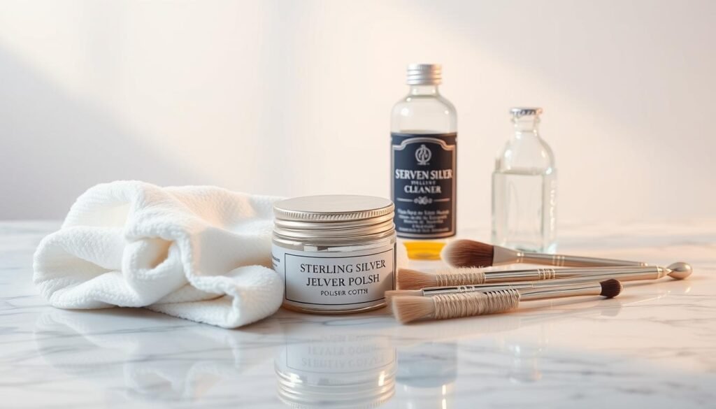 A meticulously arranged still life showcasing the essential tools for cleaning sterling silver jewelry. In the foreground, a soft white terry cloth, polishing cloths, and a sterling silver polish jar sit atop a smooth marble surface, bathed in warm, diffuse lighting. In the middle ground, a set of fine-tipped silver cleaning brushes and a sterling silver jewelry cleaner solution in a glass bottle are strategically placed. The background features a clean, minimalist setting, with a subtle reflection of the items visible on the polished surface, conveying a sense of elegance and sophistication. The overall composition emphasizes the importance of these specialized cleaning supplies for maintaining the luster and beauty of precious sterling silver pieces.