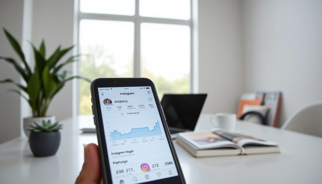 A modern, minimalist office scene with a focus on optimizing Instagram performance. In the foreground, a smartphone with Instagram analytics open, displaying performance metrics and insights. In the middle ground, a desk with a laptop, notebook, and strategically placed props like a succulent plant and design magazines. The background features a sleek, white wall with a large window, allowing natural light to flood the space. The overall atmosphere conveys a sense of productivity, organization, and a dedication to social media optimization.