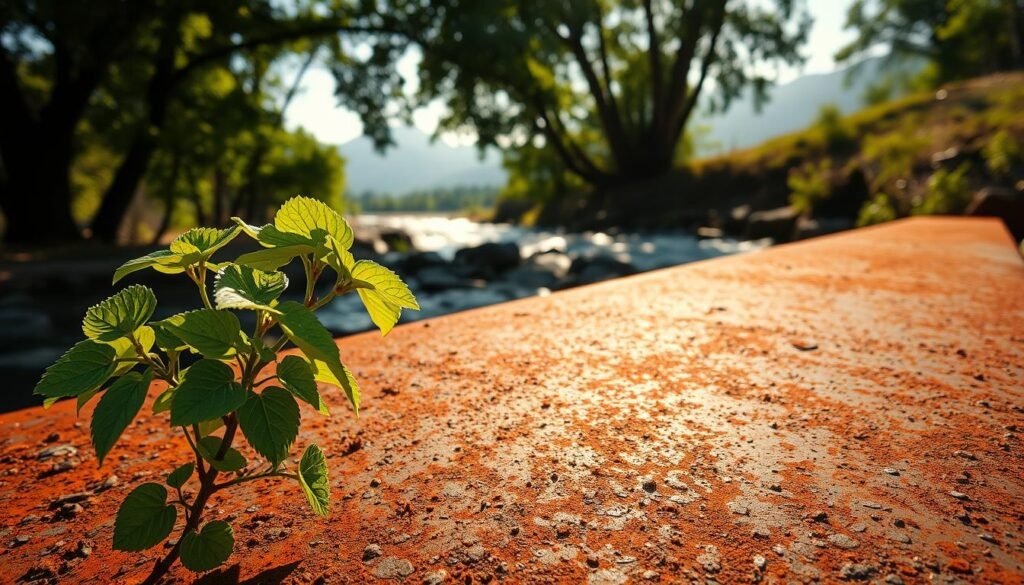 A natural metal surface, covered in a rich, textured patina of rust. Sunlight filters through a verdant canopy, casting warm, dappled shadows across the weathered steel. In the foreground, a cluster of oxalic acid-rich wood sorrel leaves emerges, their bright green hues contrasting with the rusty orange tones. In the middle ground, a gentle stream trickles over smooth river rocks, the water's movement reflecting the changing light. Distant mountains rise up, their peaks shrouded in soft, atmospheric haze. The scene exudes a sense of tranquility and the restorative power of nature's own remedies for rust.