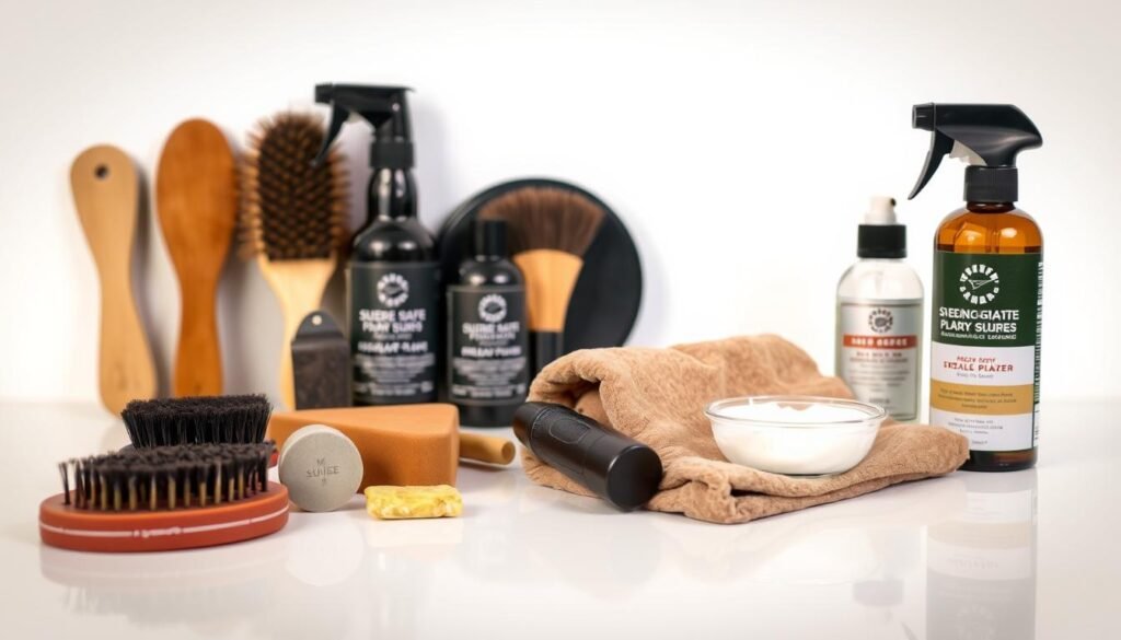 A neatly arranged collection of suede cleaning products on a clean, well-lit surface. In the foreground, various suede brushes, erasers, and sprays are displayed with care, their textures and materials clearly visible. In the middle ground, a soft, plush suede cloth rests alongside a small dish of suede-safe cleaning solution. The background features a minimalist, white backdrop, allowing the suede cleaning tools to take center stage. The overall composition exudes a sense of professionalism and attention to detail, reflecting the importance of properly maintaining and restoring suede footwear.