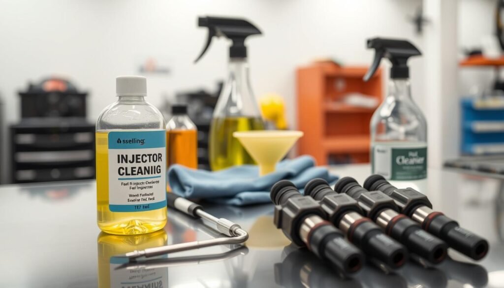 A neatly arranged table showcasing an assortment of fuel injector cleaning supplies. In the foreground, a bottle of fuel injector cleaner, a set of clean fuel injectors, and a specialized cleaning tool. In the middle ground, a rag, a funnel, and a spray bottle for the cleaning solution. The background features a clean, well-lit automotive workshop setting, with a subtle reflection of the items on the polished surface of the table, conveying a sense of precision and attention to detail. The lighting is soft and diffused, accentuating the metallic textures and the glossy finish of the cleaning products. The overall atmosphere exudes a professional, organized, and problem-solving vibe, ready to tackle the fuel injector cleaning process.