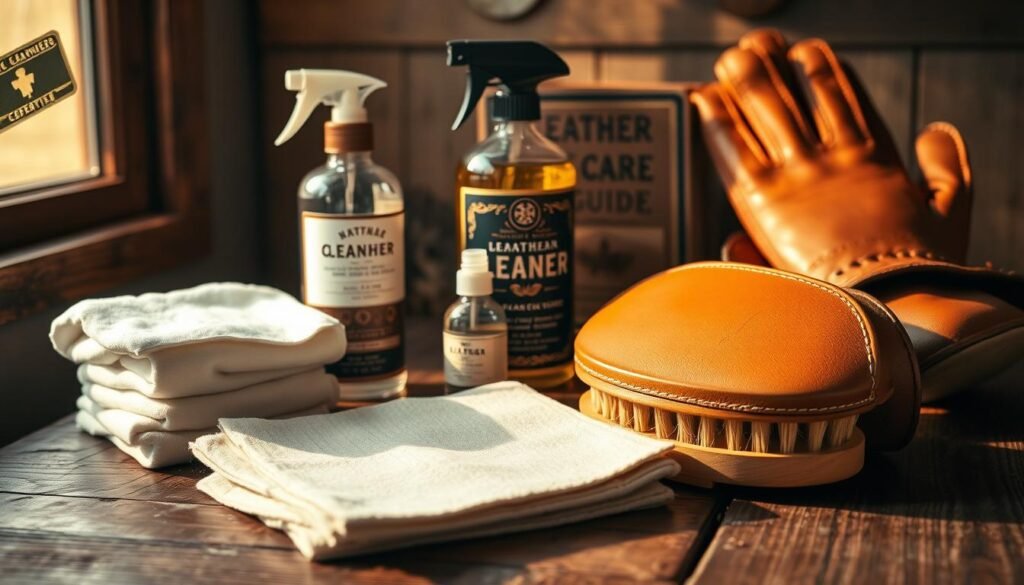 A neatly organized collection of leather cleaning essentials rests on a rustic wooden table, bathed in warm, natural lighting. In the foreground, a set of soft cleaning cloths, a leather conditioner, and a gentle brush stand ready. In the middle ground, a bottle of premium leather cleaner and a small spray bottle reflect the light, hinting at their effectiveness. In the background, a vintage-inspired leather care guide and a pair of sturdy gloves complete the scene, conveying a sense of time-honored expertise. The overall mood is one of refined simplicity, inviting the viewer to embark on a journey of restoring their cherished leather goods. A neatly organized collection of leather cleaning essentials rests on a rustic wooden table, bathed in warm, natural lighting. In the foreground, a set of soft cleaning cloths, a leather conditioner, and a gentle brush stand ready. In the middle ground, a bottle of premium leather cleaner and a small spray bottle reflect the light, hinting at their effectiveness. In the background, a vintage-inspired leather care guide and a pair of sturdy gloves complete the scene, conveying a sense of time-honored expertise. The overall mood is one of refined simplicity, inviting the viewer to embark on a journey of restoring their cherished leather goods.
