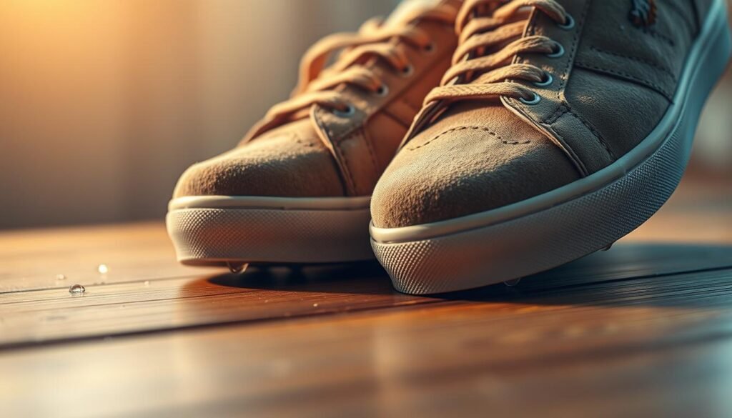 A pair of suede trainers resting on a wooden surface, bathed in warm, soft lighting. The trainers are partially elevated, revealing the texture and nap of the suede material. Droplets of water cling gently to the surface, suggesting a recent cleaning or light misting. The angle of the shot emphasizes the curves and contours of the trainers, showcasing their form and highlighting the subtle shades of tan, beige, and gray that characterize the suede. The background is subtly blurred, keeping the focus on the trainers and creating a sense of tranquility and attention to detail.