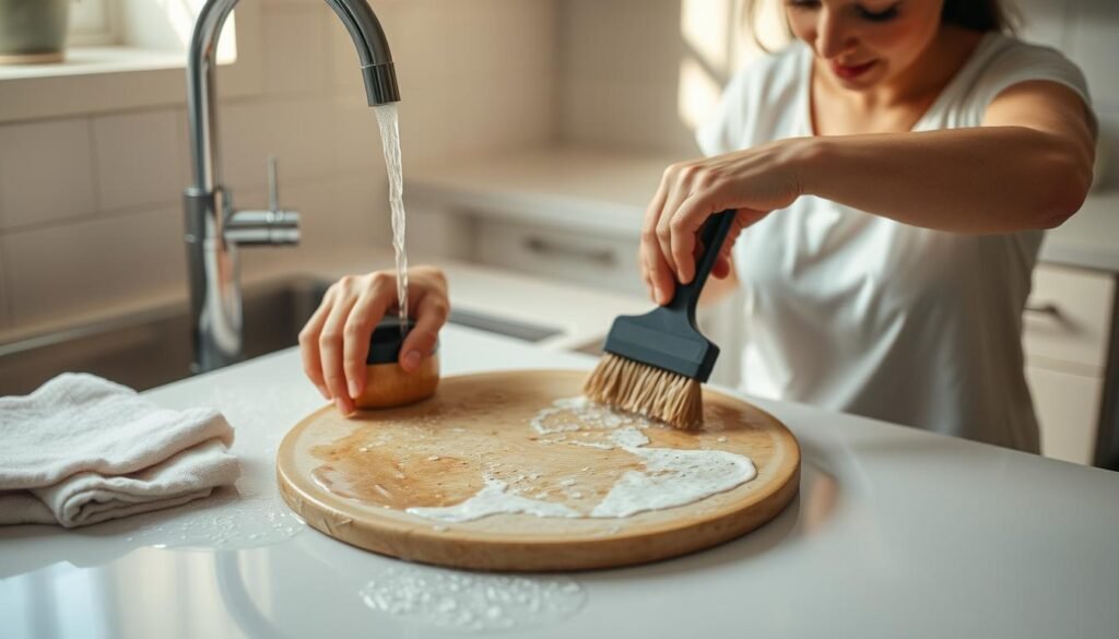 A person in a clean, well-lit kitchen carefully scrubbing a round pizza stone under running water, using a sturdy brush to remove any baked-on food residue. The stone is positioned on a clean, light-colored countertop, with a few kitchen towels nearby. Warm, natural lighting illuminates the scene, casting soft shadows and highlighting the texture of the stone. The person's expression is focused, conveying the importance of thoroughly cleaning the pizza stone to maintain its performance and longevity. The overall atmosphere is one of methodical, effective cleaning, with a sense of care and attention to detail.