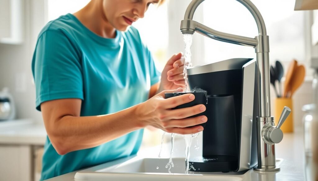 A person standing in a bright, clean kitchen, rinsing a Keurig coffee maker under a running faucet. The Keurig is held in the person's hands, with water cascading over its surface, cleaning away any residue. The kitchen counter is visible in the foreground, with a few small appliances and utensils neatly arranged. The background shows a window overlooking a sunny outdoor scene, creating a warm, natural lighting effect. The overall mood is one of efficient, methodical cleaning, with a sense of care and attention to detail.