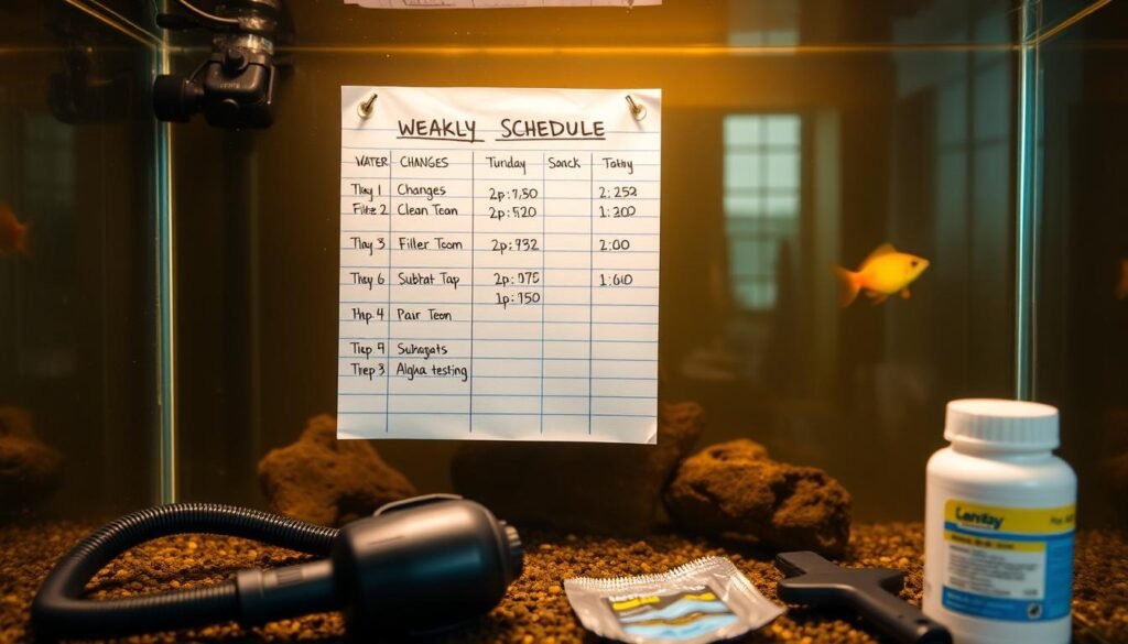 A pristine fish tank, its glass walls glistening under warm, diffused lighting. Inside, a detailed schedule is displayed on a waterproof notepad, outlining the weekly maintenance tasks - water changes, filter cleaning, and substrate raking. The schedule is meticulously organized, with specific dates and times for each step, ensuring the perfect aquatic ecosystem. In the foreground, essential cleaning tools are neatly arranged, including a gravel vacuum, algae scraper, and water testing kit. The overall atmosphere conveys a sense of order and care, reflecting the importance of maintaining a healthy, thriving fish habitat.