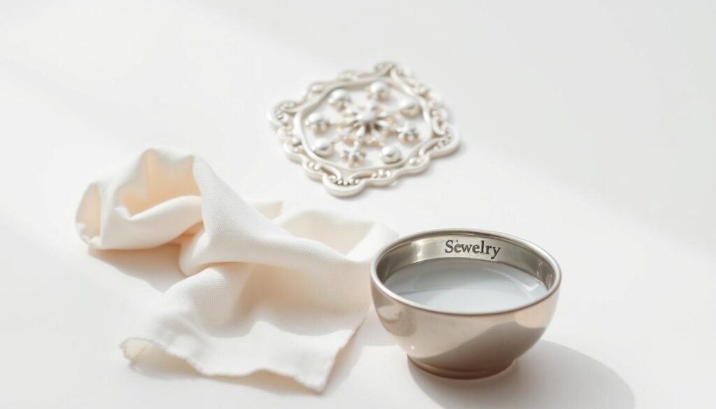 A pristine white background, with a sterling silver jewelry piece placed at the center. Soft, natural lighting illuminates the intricate details of the item, highlighting its lustrous finish. In the foreground, a delicate silver polishing cloth lies ready to gently wipe away any tarnish. The middle ground features a small bowl filled with a mild silver cleaning solution, inviting the viewer to consider the simple yet effective methods for maintaining the brilliance of the precious metal. The overall atmosphere conveys a sense of care, attention, and the satisfying process of restoring the beauty of a cherished piece of sterling silver jewelry.