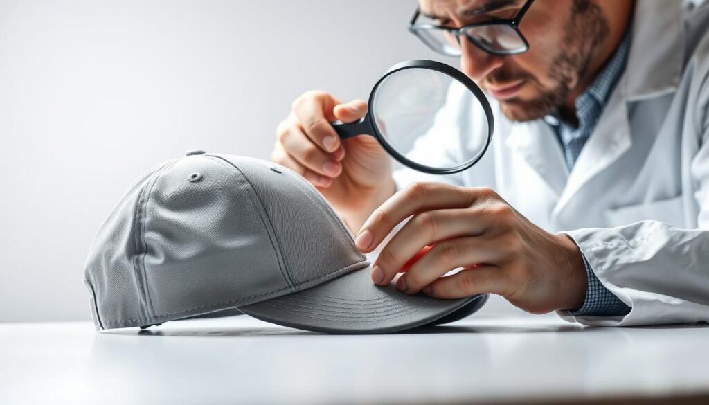 A professional cleaning service carefully inspecting a baseball cap under bright, diffused studio lighting. The cap is positioned on a clean, white surface, allowing for close examination of the fabric, seams, and brim. The technician, dressed in a crisp, white lab coat, meticulously examines the cap with a magnifying glass, assessing the level of dirt, wear, and any potential issues that may require specialized treatment. The scene conveys a sense of expertise, attention to detail, and the importance of seeking professional help to restore a cherished baseball cap to its former glory. A professional cleaning service carefully inspecting a baseball cap under bright, diffused studio lighting. The cap is positioned on a clean, white surface, allowing for close examination of the fabric, seams, and brim. The technician, dressed in a crisp, white lab coat, meticulously examines the cap with a magnifying glass, assessing the level of dirt, wear, and any potential issues that may require specialized treatment. The scene conveys a sense of expertise, attention to detail, and the importance of seeking professional help to restore a cherished baseball cap to its former glory.