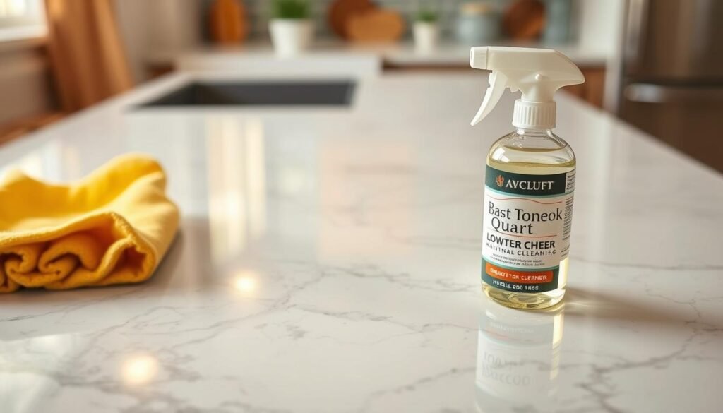A quartz countertop, its smooth, pristine surface glistening under warm, natural lighting. Close-up view, showcasing the intricate crystalline patterns and subtle veining within the stone. In the foreground, a cleaning cloth and a small bottle of specialized quartz cleaner, suggesting the simple steps required to maintain this durable, low-maintenance surface. The middle ground features a few common household items, like a cutting board and a potted plant, to create a lived-in, functional kitchen scene. The background blurs slightly, emphasizing the countertop as the focal point. An atmosphere of cleanliness, care, and attention to detail permeates the image, guiding the viewer towards understanding the importance of proper quartz countertop maintenance.