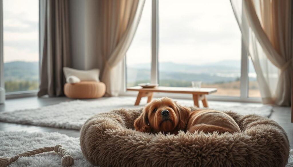 A serene, softly lit interior with plush, inviting textures. In the foreground, a cozy dog bed with a fluffy pillow and a few chew toys, inviting the canine to relax. The middle ground features a low, wooden bench or table, providing a sense of grounding. The background showcases a tranquil landscape visible through a large window, with muted colors and gentle natural light filtering in. The overall atmosphere is one of calm, comfort, and reassurance, creating an environment that will help put the dog at ease during the ear cleaning process.