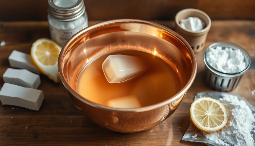 A shiny copper bowl filled with a vinegar-based solution, surrounded by various tarnish prevention methods such as chalk, lemon slices, and baking soda. Soft, warm lighting illuminates the scene, casting a gentle glow on the copper surface. In the background, a wooden surface adds a natural, rustic touch. The overall atmosphere conveys a sense of simplicity and effective copper care. The image should clearly demonstrate practical and eco-friendly ways to prevent future tarnish on copper objects.