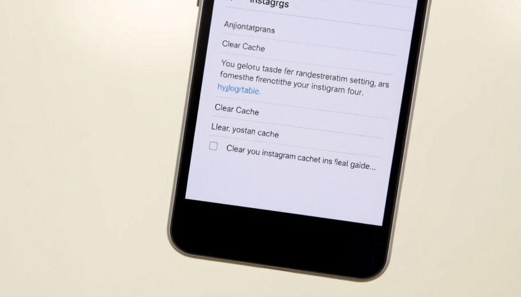 A sleek Android smartphone screen displaying the Instagram app's settings menu, with the "Clear Cache" option prominently featured. The screen is well-lit, with a soft, natural lighting that accentuates the details of the user interface. The background is slightly blurred, keeping the focus on the key steps for clearing the Instagram cache. The composition is clean and organized, with a balanced layout that guides the viewer's eye towards the essential information. The overall tone is informative and helpful, reflecting the step-by-step nature of the article's content.