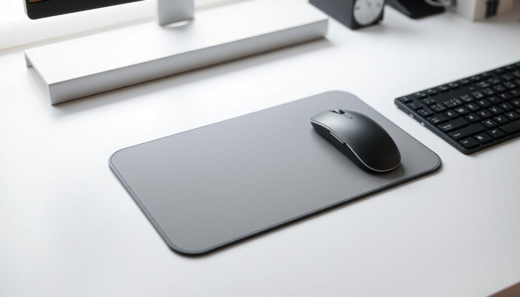 A sleek, modern-looking mousepad mat rests on a pristine, minimalist desktop. The mat's surface is made of a smooth, high-quality material that provides a consistent, low-friction surface for precise mouse movements. Soft, rubber edges hug the mat securely, preventing slipping. Subtle, muted colors and a minimalist design seamlessly blend into the surrounding workspace. Indirect, soft lighting from above casts a gentle glow, highlighting the mat's clean lines and elegant simplicity. The overall scene conveys a sense of productivity, organization, and a workspace optimized for efficiency and comfort. A sleek, modern-looking mousepad mat rests on a pristine, minimalist desktop. The mat's surface is made of a smooth, high-quality material that provides a consistent, low-friction surface for precise mouse movements. Soft, rubber edges hug the mat securely, preventing slipping. Subtle, muted colors and a minimalist design seamlessly blend into the surrounding workspace. Indirect, soft lighting from above casts a gentle glow, highlighting the mat's clean lines and elegant simplicity. The overall scene conveys a sense of productivity, organization, and a workspace optimized for efficiency and comfort.