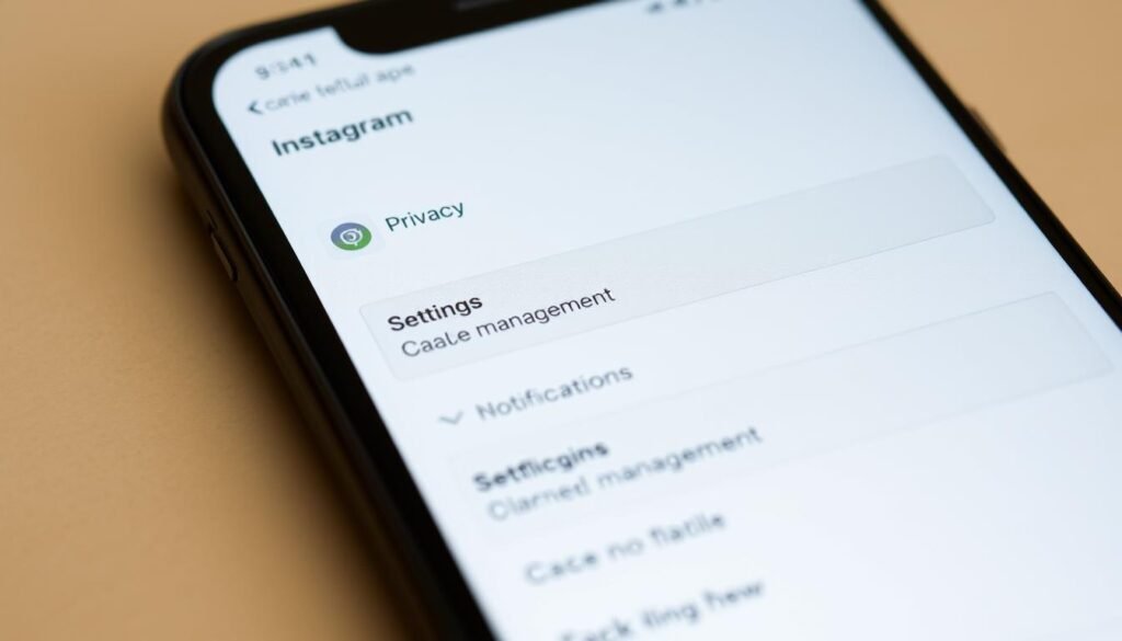A smartphone screen displaying the Instagram app settings menu, with a clean, minimalist design. The settings options are arranged in a grid layout, with icons and labels for features like account, privacy, notifications, and cache management. The screen is well-lit, with soft shadows and a subtle gradient background, creating a calm, professional atmosphere. The camera angle is slightly elevated, providing a clear, unobstructed view of the settings interface. The overall composition emphasizes the simplicity and functionality of the Instagram app settings, making it easy for the viewer to understand the relevant cache clearing process.