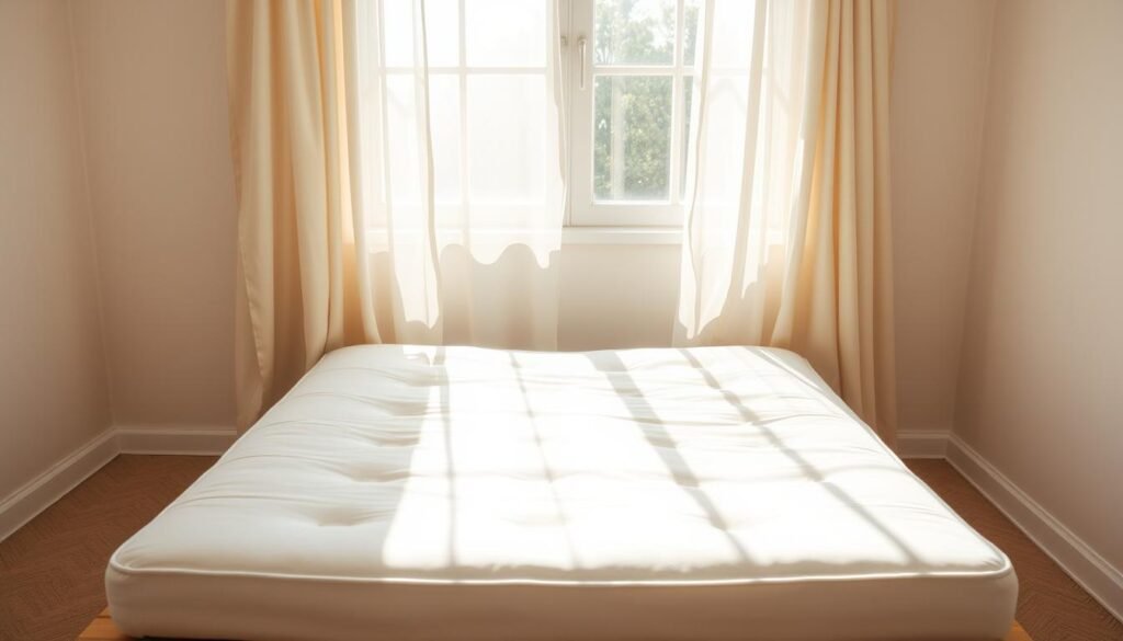 A sun-drenched bedroom, a freshly cleaned mattress lying on a wooden slatted base, its crisp white linens gently billowing in the warm breeze. Soft natural lighting filters through sheer curtains, casting a serene, diffused glow over the scene. The mattress appears plush and inviting, its surface subtly textured, inviting the viewer to imagine sinking into its comfort. The room is uncluttered, with minimal decor, allowing the focus to remain on the centrally placed mattress. An airy, calming atmosphere pervades the space, suggesting a tranquil environment in which to properly dry and refresh a clean, rejuvenated sleeping surface.