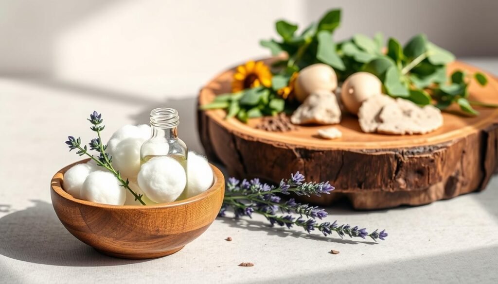 A tranquil still life scene showcasing a variety of natural ear cleaning remedies. In the foreground, a wooden bowl filled with organic cotton balls, a small glass bottle of chamomile tincture, and a sprig of fresh lavender. The middle ground features a rustic wooden board with a selection of herbs like calendula, comfrey, and plantain leaves. Soft, natural lighting illuminates the scene, casting subtle shadows and highlighting the earthy tones. The background is a simple, neutral backdrop, allowing the natural elements to take center stage. The overall mood is soothing, inviting, and evocative of holistic, homemade solutions for ear care.
