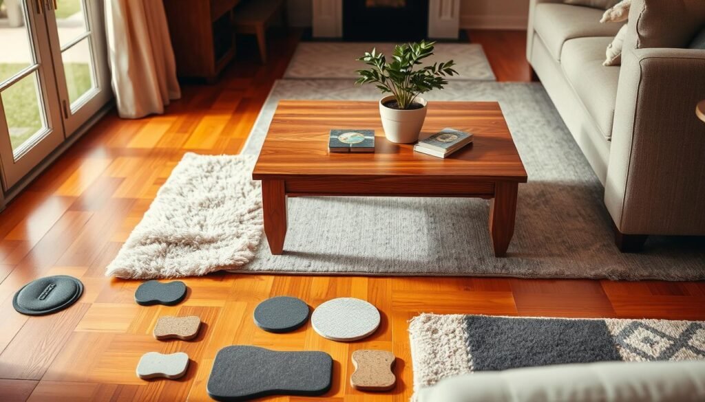 A warm-toned, well-lit interior scene depicting a hardwood floor protected by various furniture pads and area rugs. In the foreground, a wooden table with decorative coasters and a potted plant sits atop a soft, plush rug. Surrounding it, an assortment of furniture pads in different shapes and materials like felt, cork, and silicone cover the floor, shielding the wood from scratches and dents. In the middle ground, a larger area rug with a subtle pattern anchors the space, its edges carefully tucked under nearby furniture legs. The background showcases the rich, lustrous wood grain of the flooring, complemented by natural lighting streaming in through large windows. The overall atmosphere is cozy, inviting, and focused on preserving the beauty and longevity of the hardwood surface.