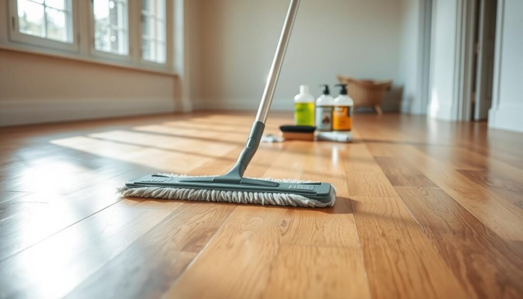 A well-lit, airy room with a beautifully maintained wood floor. In the foreground, a mop glides gracefully across the gleaming surface, leaving a streak of clean, lustrous finish. The mid-ground showcases various wood floor care products - a bottle of polish, a brush, and a microfiber cloth, all neatly arranged. In the background, natural light streams in through large windows, casting a warm, inviting glow over the scene. The overall atmosphere exudes a sense of order, attention to detail, and the importance of diligent wood floor maintenance for a polished, long-lasting appearance.