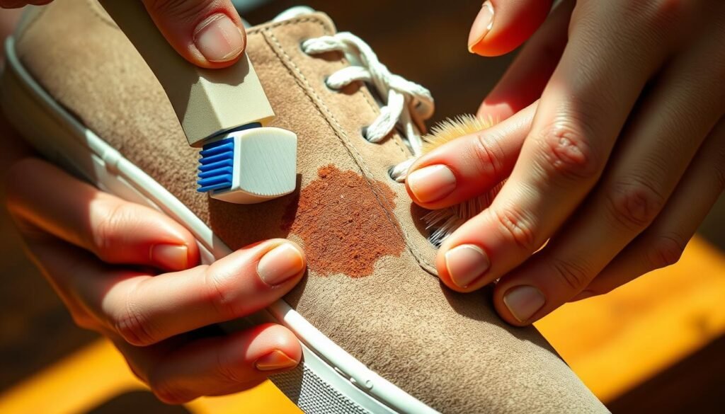 A well-lit and close-up shot of a person's hands carefully working on removing a stubborn suede stain from a sneaker using a soft-bristle brush and a specialized suede cleaner. The suede surface appears discolored and worn, but the hands are gently scrubbing in small circular motions to lift the stain, creating a focused, diligent atmosphere. The background is slightly blurred, keeping the attention on the detailed stain-cleaning process. The lighting is warm and natural, casting soft shadows that accentuate the texture of the suede material. The overall scene conveys the challenge of restoring a cherished pair of suede trainers to their former pristine condition.
