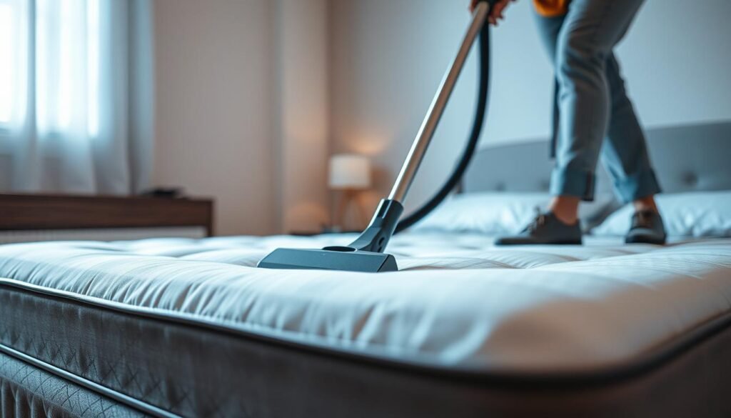 A well-lit bedroom scene, with a plush, inviting mattress in the foreground. A person in casual clothing is meticulously vacuuming the surface of the mattress, using a sleek, modern vacuum cleaner. The movement of the vacuum's hose and nozzle is captured in a dynamic, focused manner, showcasing the thorough cleaning process. Soft, diffused lighting from overhead illuminates the scene, creating a warm and calming atmosphere. The background is blurred, emphasizing the mattress and the cleaning activity as the central focus. An air of precision and care permeates the image, reflecting the importance of properly preparing a mattress for deep cleaning.