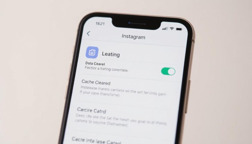 A well-lit, clean and organized mobile device screen displaying the Instagram app's cache clearing options. The screen is set against a soft, blurred background with a subtle gradient, creating a sense of depth and focus. The layout is minimal and intuitive, with clear icons and text guiding the user through the cache clearing process. The overall atmosphere is calm, professional and informative, reflecting the article's subject of providing a simple, step-by-step guide to managing Instagram's cache effectively.