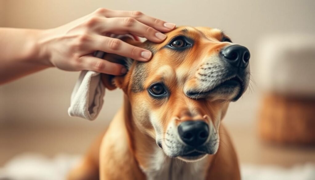 A well-lit, close-up image of a person gently holding a dog's head and patiently demonstrating how to properly clean its ears. The dog is sitting calmly, its expression attentive, as the person uses a soft, damp cloth to wipe the inner ear in a slow, careful manner. The background is blurred, allowing the focus to remain on the training process. The lighting is warm and natural, creating a relaxed, positive atmosphere. The composition emphasizes the interaction between the person and the dog, conveying the importance of training and building trust for effective ear cleaning.