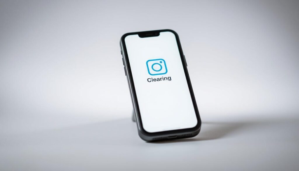 A well-lit, close-up photograph of an old mobile phone or smartphone with a clear cache icon on the screen, surrounded by a minimalist background of soft greys and whites, conveying a sense of efficiency and performance improvement. The phone is positioned to showcase the cache icon prominently, with a clean, uncluttered composition that emphasizes the focus on clearing the Instagram cache. The lighting is soft and diffused, creating a clean, professional aesthetic suitable for use in a tech-focused article.