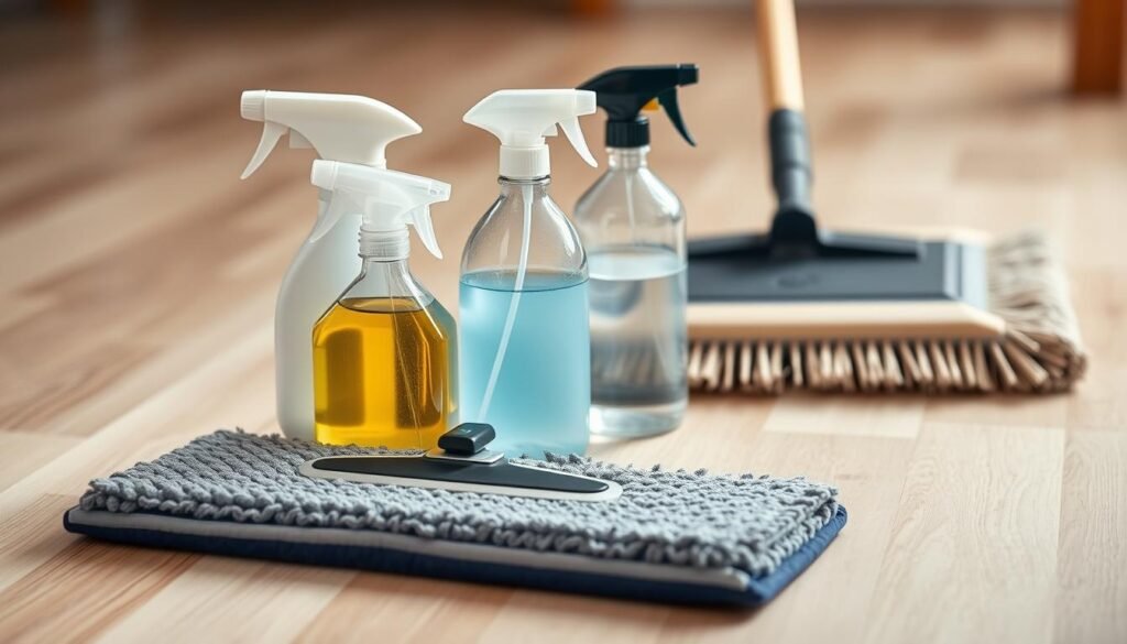 A well-lit, close-up photograph of several wood floor cleaning products, including spray bottles, microfiber mops, and natural bristle brushes, arranged neatly on a light-colored hardwood floor. The products should be highlighted against a blurred background, creating a sense of focus and emphasis on the cleaning tools. The lighting should be soft and diffused, creating a warm, inviting atmosphere that suggests the care and attention required for maintaining beautiful wood floors.
